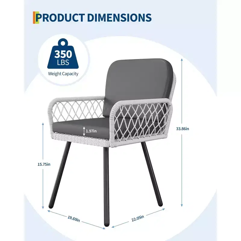 4 PCS Patio Chairs with Black Metal Frame, White Hand-Woven Rattan, and Cushions for Garden, Balcony, Patio, Backyard