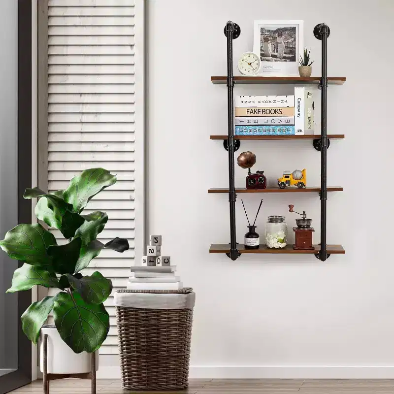 Acekool 4 Tier Industrial Pipe Wall Mounted Shelving, 30 Rustic Floating Shelf Unit, Real Wood, Kitchen Bar, Book & Wine Display Rack