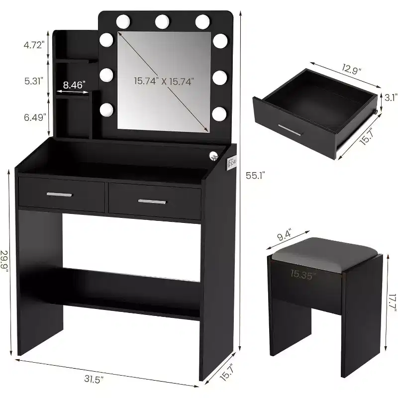 COZONY Makeup Vanity Desk with Mirror and Lights, Vanity Table with Drawers, Open Shelves & Cushioned Stool, Modern Dressing Table with Large Storage