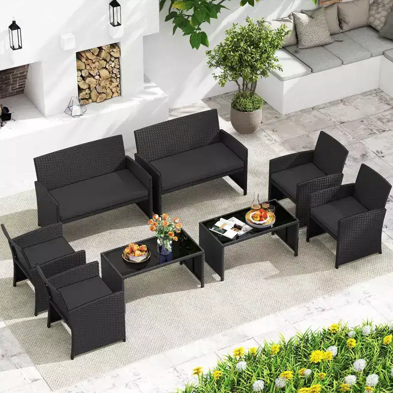 Costway 8 PCS Patio Conversation Set with Seat Cushions & Tempered Glass Tabletop, Outdoor Red/Black/Off-white/Gray/Turquoise/Navy