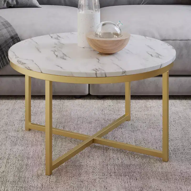 Lavish Home Round Coffee Table with Faux Mable Top and Metal Crossbeam, White/Gold
