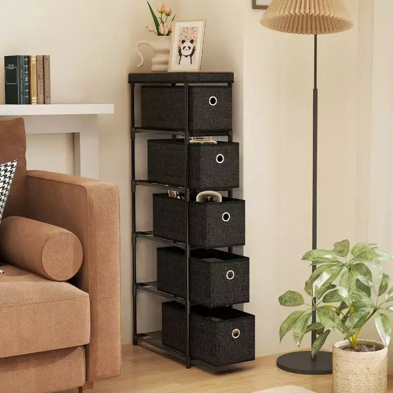 Slim Dresser with 5-Drawer, Anti-tip Kits, Space-Saving Chest of Fabric Drawers