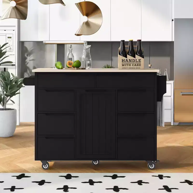 Modern Kitchen Island with 8 Drawers and 5 Wheels