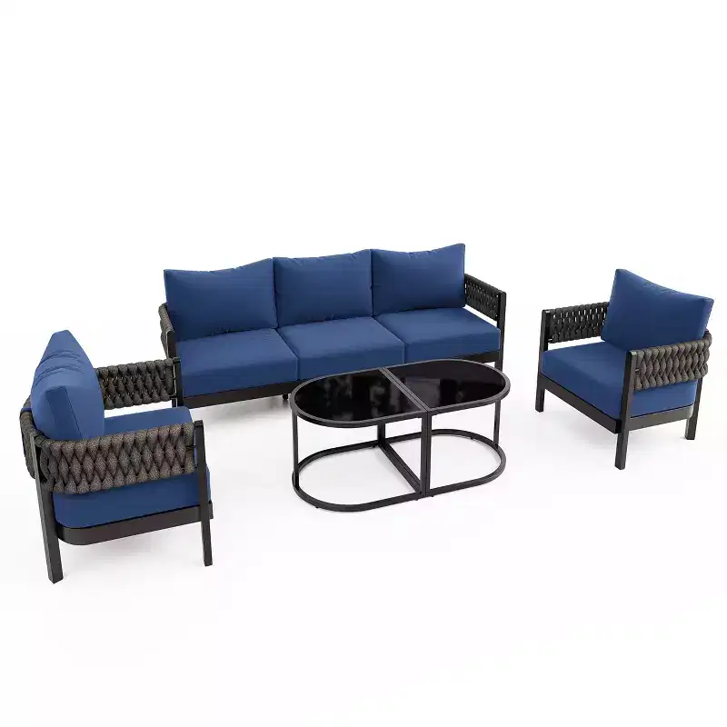 ALAULM 5PCS Outdoor Patio Sofa Set w/Modular Coffee Table, Waterproof Removable 6 Cushions, All-Weather Use, for Lawn, Garden, backyard, Navy Blue