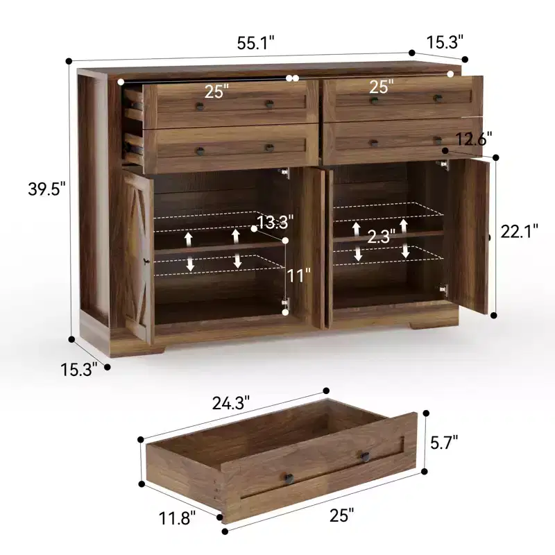 Sideboard Buffet Cabinet with Storage, Farmhouse Wood 55in Large Coffee Bar with 4 Doors & 4 Drawers for Kitchen Living Room Dining Room