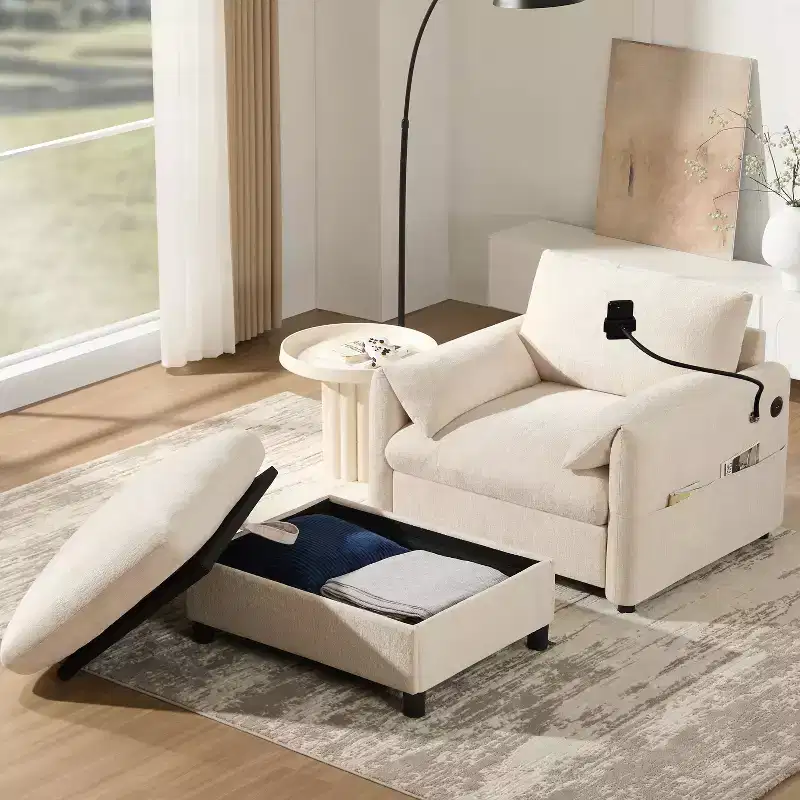 Beige / Blue / Gray / Green Chenille Single Sofa with Storage Ottoman, 1-Seater