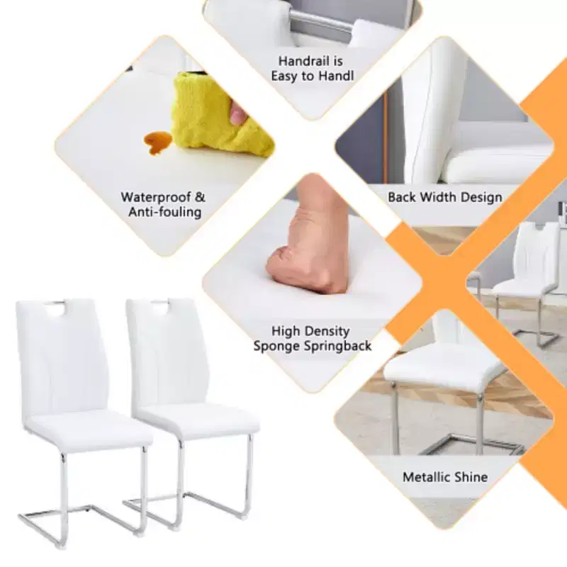 2 White PU Dining Chairs with Silver Metal Legs - Versatile Design Set
