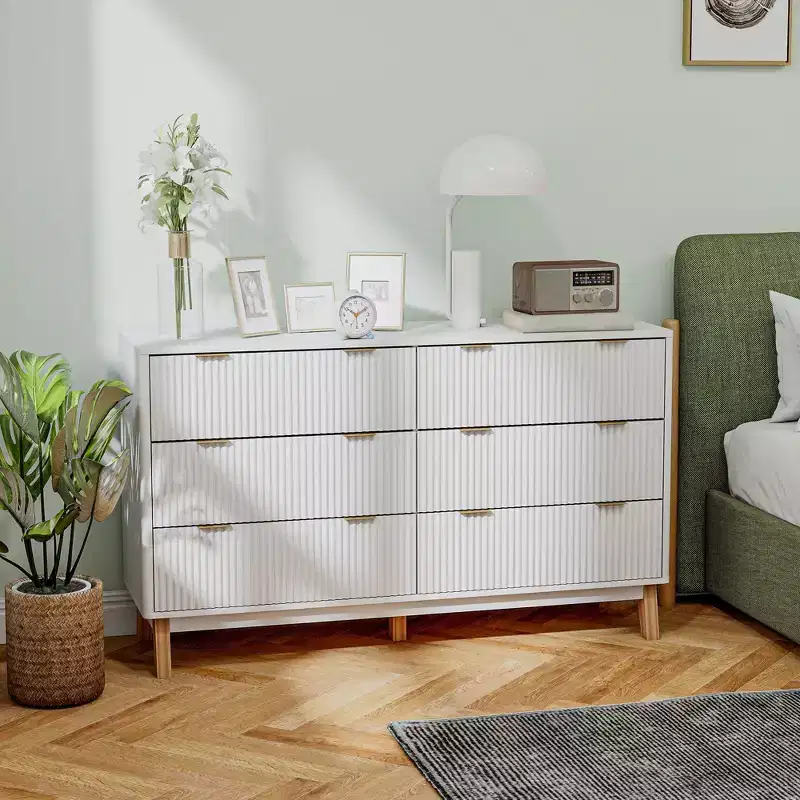 6-Drawer Double Dresser with Fluted Fronts, Gold Finger Pulls & Five Wooden Legs, White, 54W