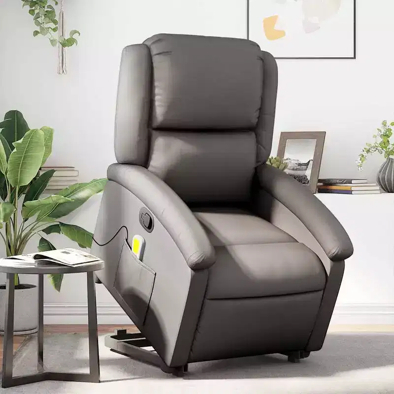 vidaXL Gray Real Leather Power Lift Massage Recliner - Electric Motor Stand-Up Armchair, Manual Tilt, Vibration Massage, Foam Padded