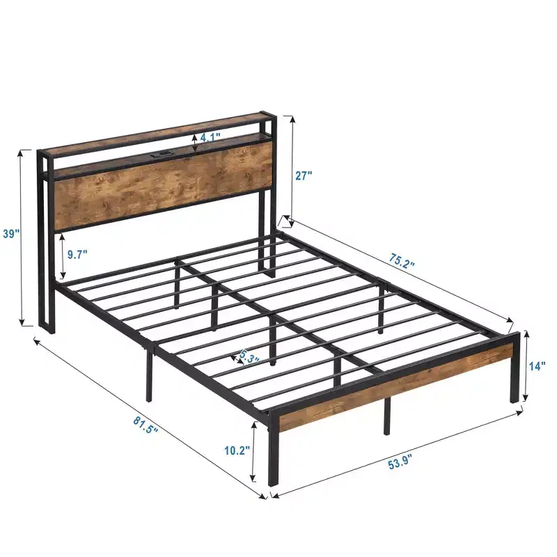 Okak Full Size Metal Platform Bed Frame with Wooden Headboard and Footboard,Modern Bed Frame with USB Liner for Bedroom,Black