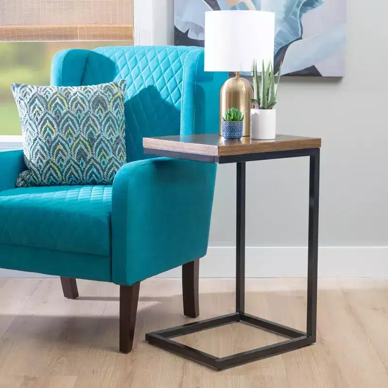 Traditional C Style Accent Table Walnut Wood and Hand Distressed Black Metal Frame - : Sofa Side, Bedroom Use