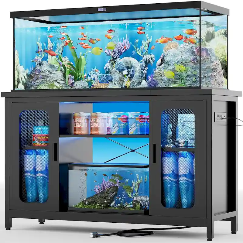 Black/Grey Oak 2-in-1 Aquarium Cabinet Stand with LED Light & Power Outlets, 2-Tank