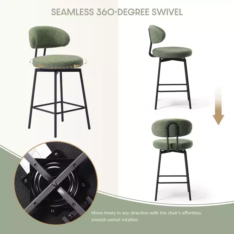 Modern Upholstered Faux Shearling Fabric Counter Height Bar Stools with Back (Set of 2