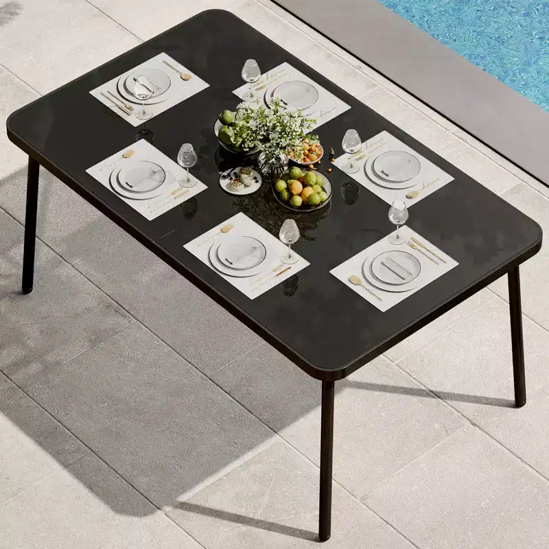 59 Tempered Glass Dining Table with Metal Frame for 4-6 Person, Rectangular Black