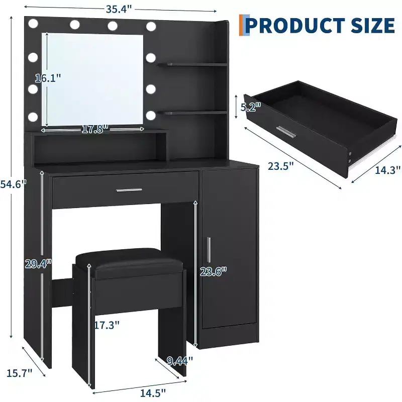 35.4 Makeup Vanity Desk with Smart 3-Level LED Mirror, Charging Station, Storage Drawer, Cabinet & PU Stool for Bedroom Living Room