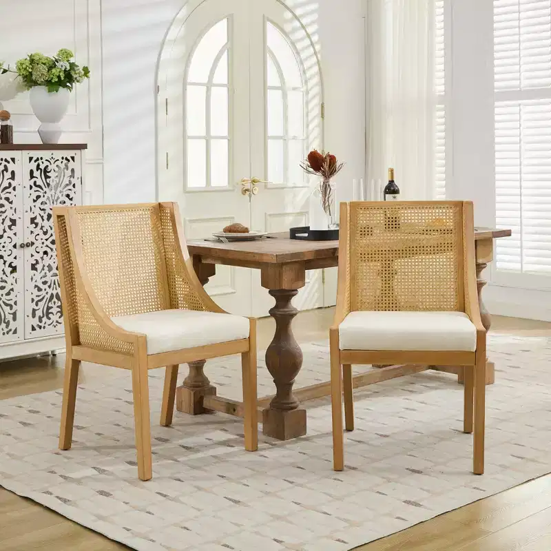 MAYEERTY Rattan Dining Chair - Solid Wood Frame, Decorative Armrests, Linen Seat, Rustic Style, Natural Finish, Single Pack