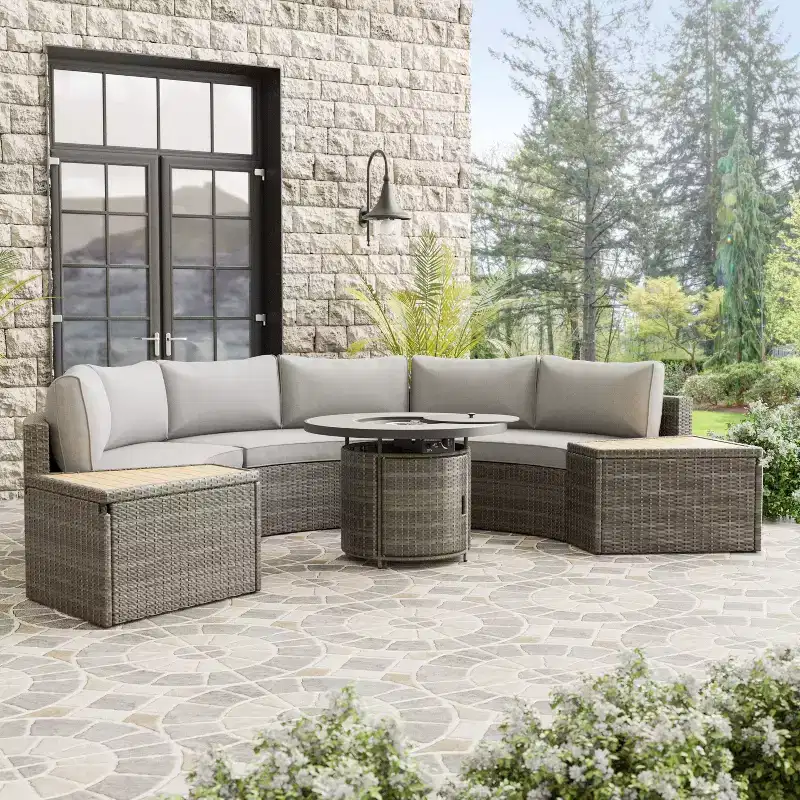 Greemotion 6pc Barbuda Teak Wood Outdoor Patio Firepit Sets Brown: Aluminum Frame, Ceramic Tile, UV Protection