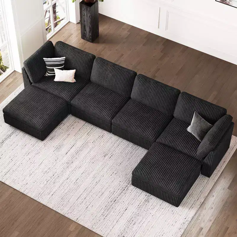 U-Shaped 6-Seater Corduroy Sectional Sofa with Storage Ottoman & Convertible Design
