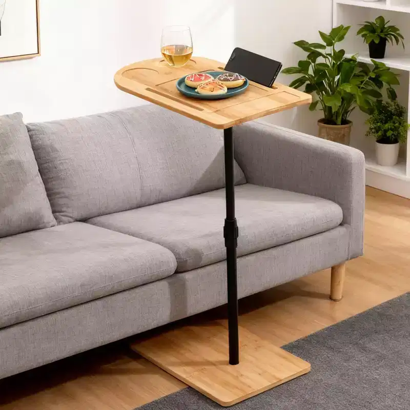 Tray Tables Bamboo Height Adjustable Side Table for Sofa C-shaped Metal Oval End Tables with Slots for Living Room & Bedroom, Simple Assembly, Natural