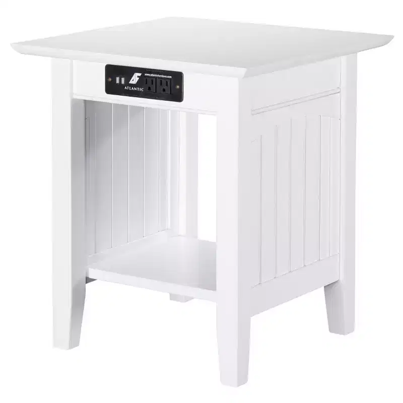Cottage End Table with Built-In Charger, 2 USB Ports & 2 AC Outlets, White Solid Hardwood