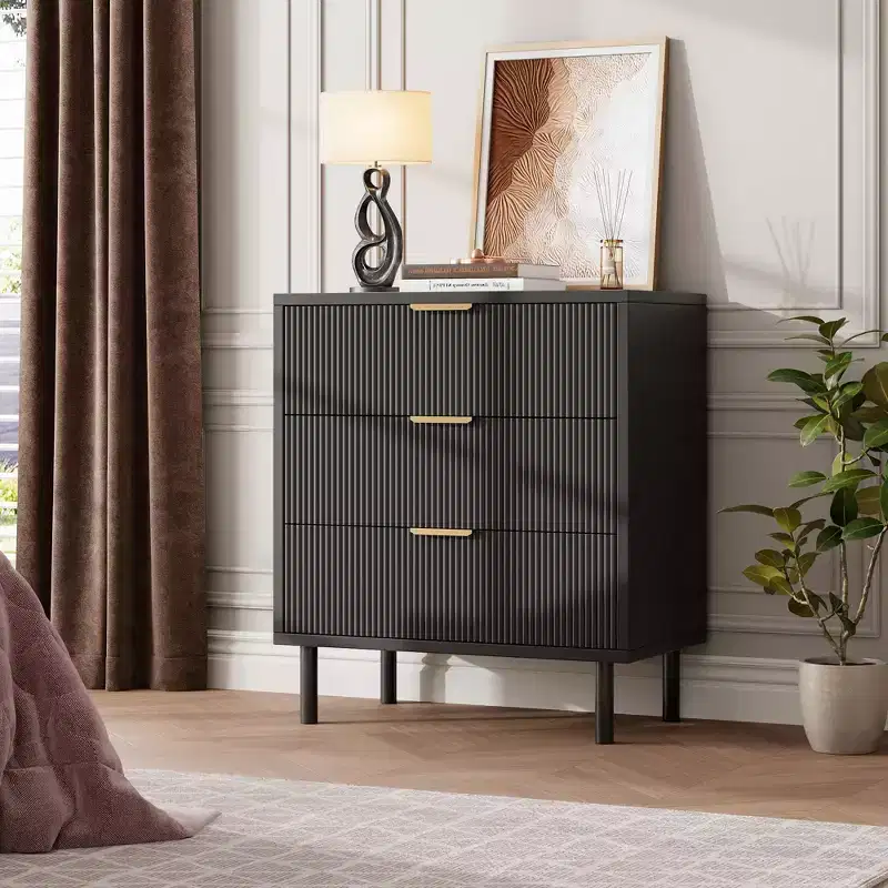 3-Drawer Fluted Nightstand with Metal Legs, Compact Bedside Table for Bedroom and Living Room