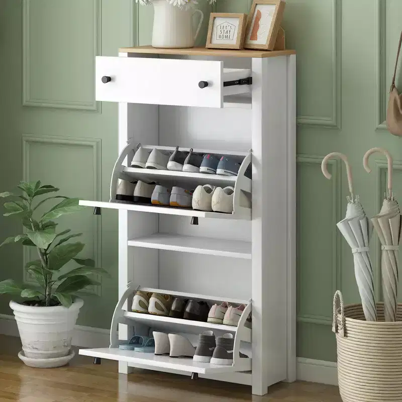 Functional Wood Grain Shoe Cabinet with 2 Flip Top Drawers and Adjustable Panels