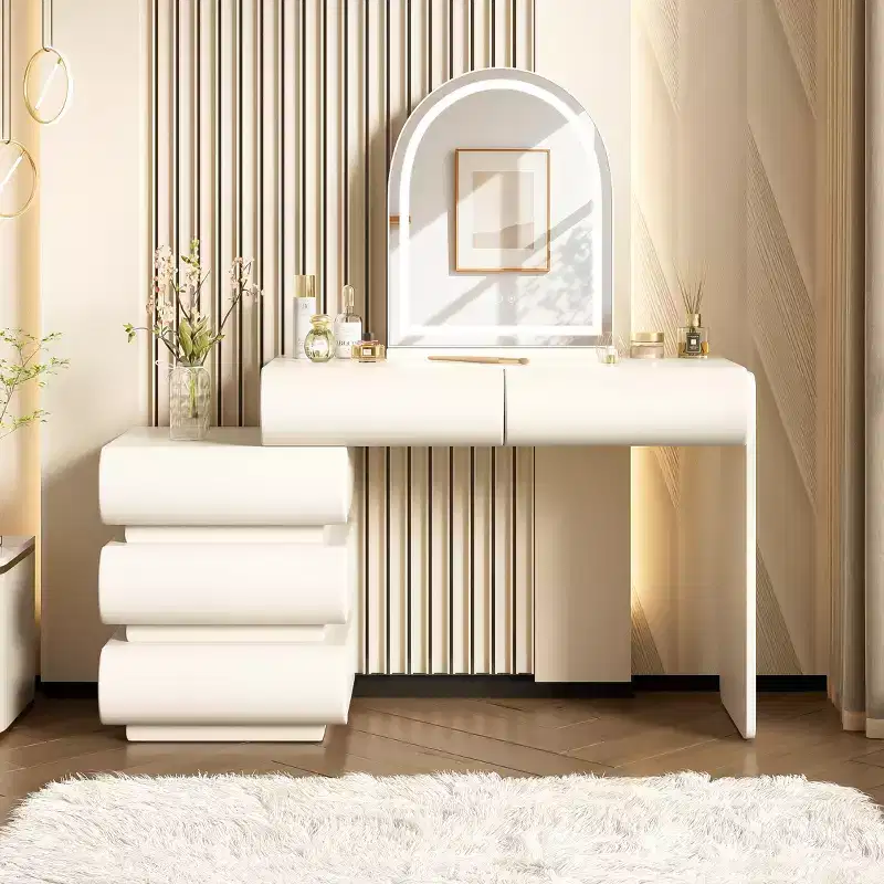 GDFStudio Madison Modern Leather Upholstered Makeup Vanity Table with LED Lighted Mirror and 5 Drawers