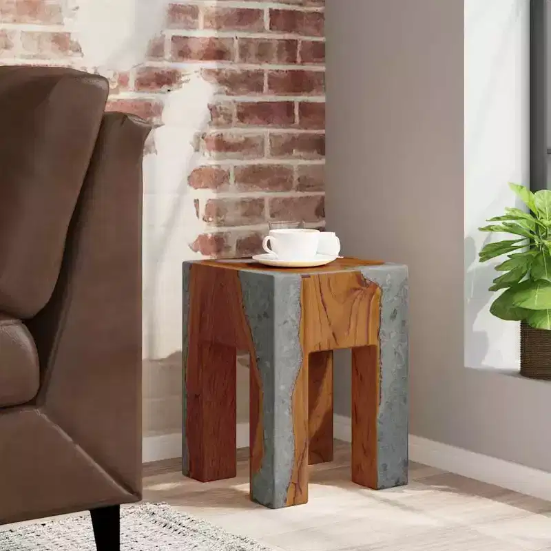 Multicolor Solid Teak Wood and Resin Stool