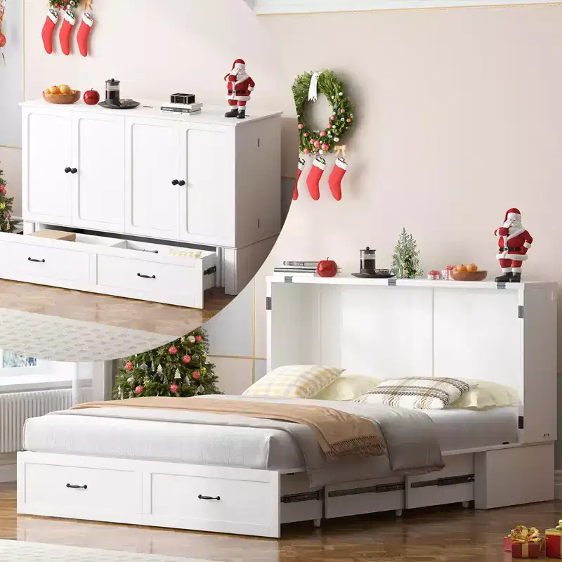 Mjkone Queen Murphy Bed with Storage&Charging Station, Farmhouse Cabinet Bed,Noise-Free,for Guest Room,Optional Mattress