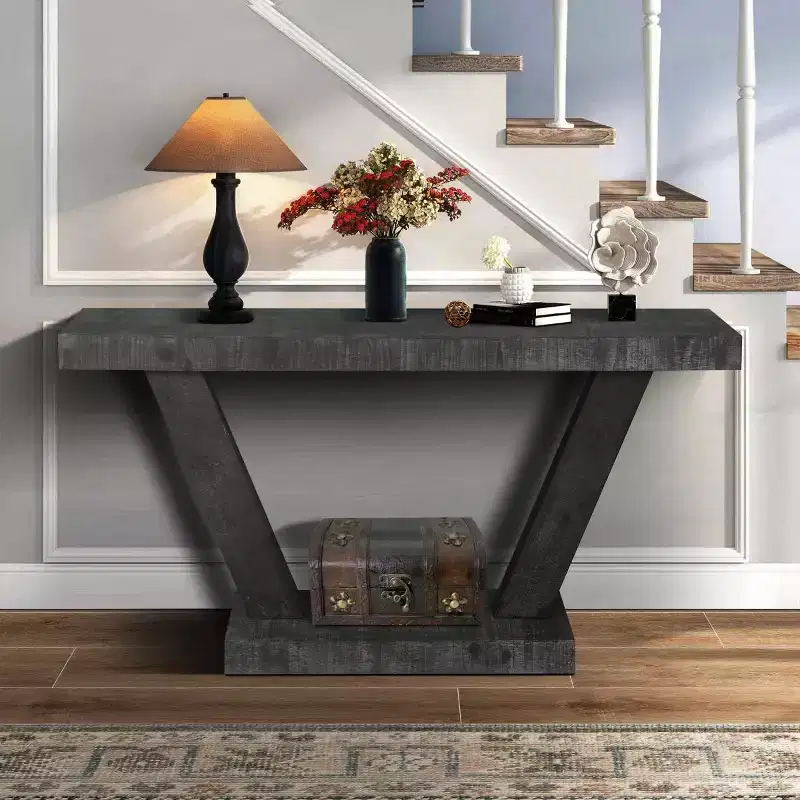 60-Inch Rustic Entryway Console Table with Distressed Wood Top and Wide V-Leg Base for Hallway