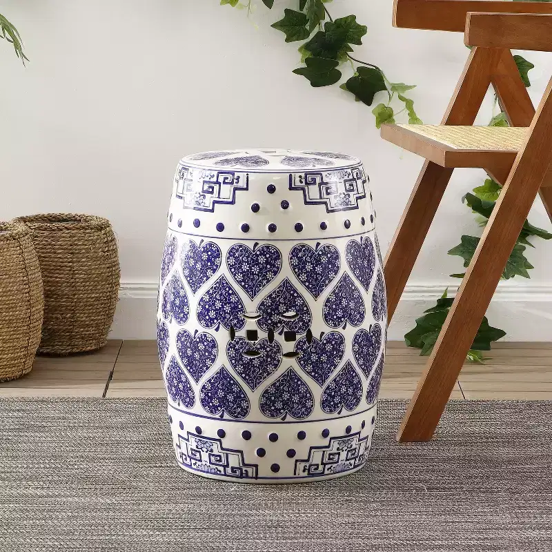 JONATHAN Y Happy Hearts 17.8 Chinoiserie Ceramic Drum Garden Stool/Accent Table, Blue/White