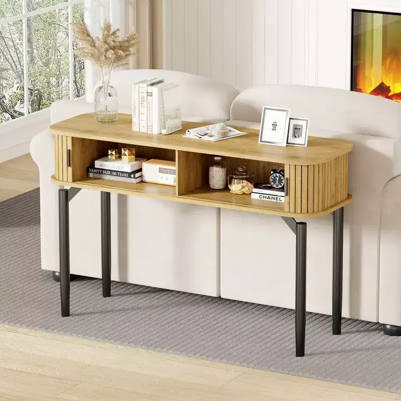 Modern Fluted Console Table - 47'' Narrow Entryway or Sofa Table with Sliding Doors & Drawers - Open Shelf Storage - Oak Walnut Finish