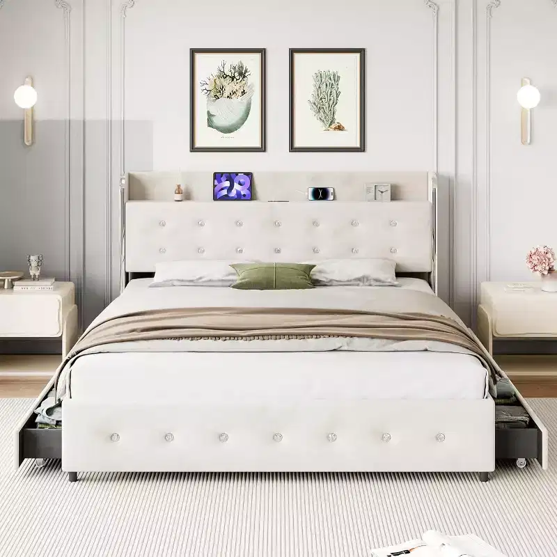 Full Size Bed Frame with Headboard Shelf, Charging Station, and 4 Storage Drawers