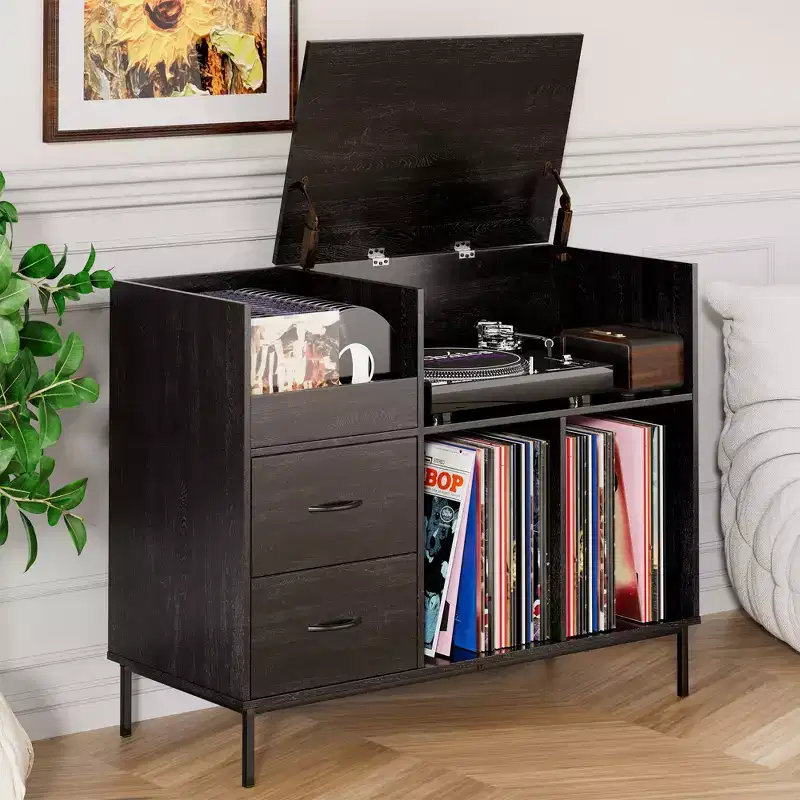 JVNOXK Eco-Friendly Flip-Top Turntable Stand - Wooden Vinyl Record Storage Cabinet with Dual-Socket Power Strip, Suitable for Living Room, Black