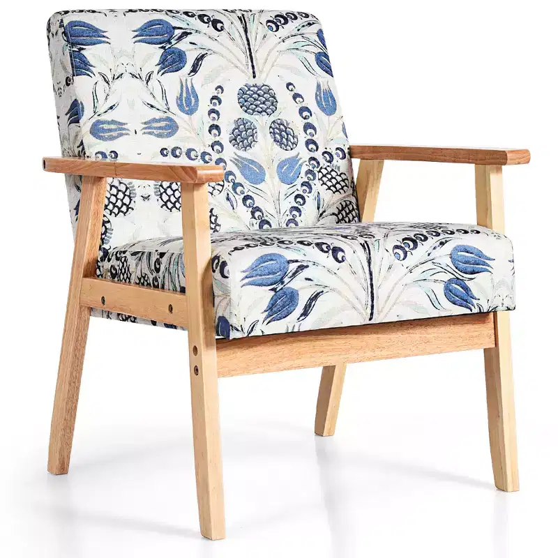 Modern Accent Armchair Upholstered Lounge Chair with Rubber Wood Legs, Yellow/Blue Floral