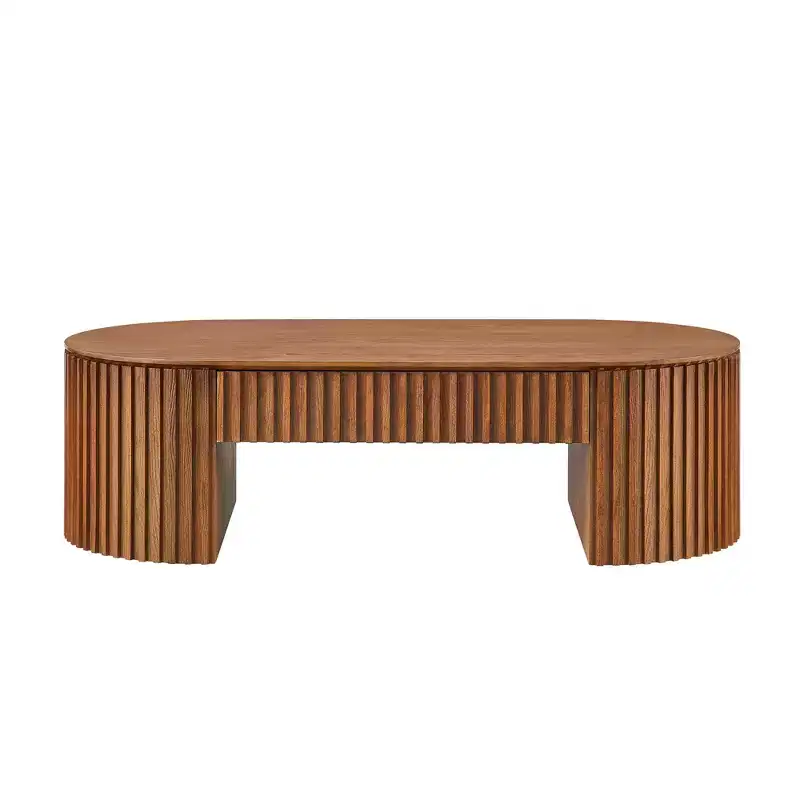 GDFStudio Manuel Modern Wooden Oval Pedestal Coffee Table with Drawer and Handcrafted Relief