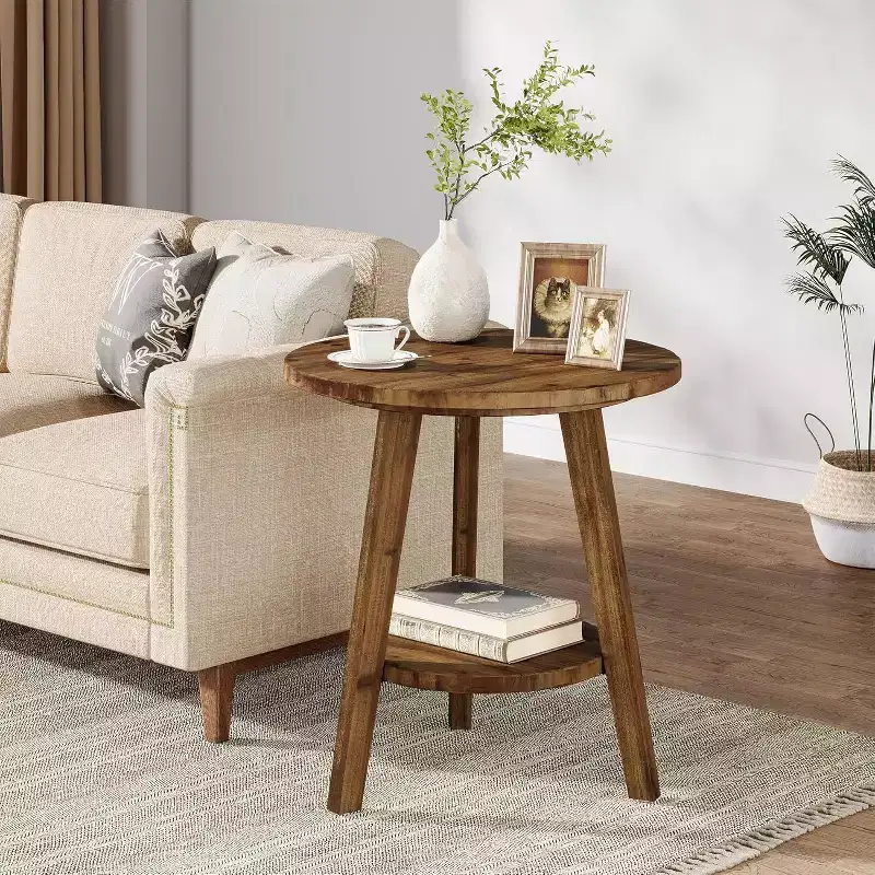 Solid Wood Round Side Table, 2-Tier Farmhouse End Table with Storage Shelf, Nightstand for Living Room, Bedroom, Easy Assembly