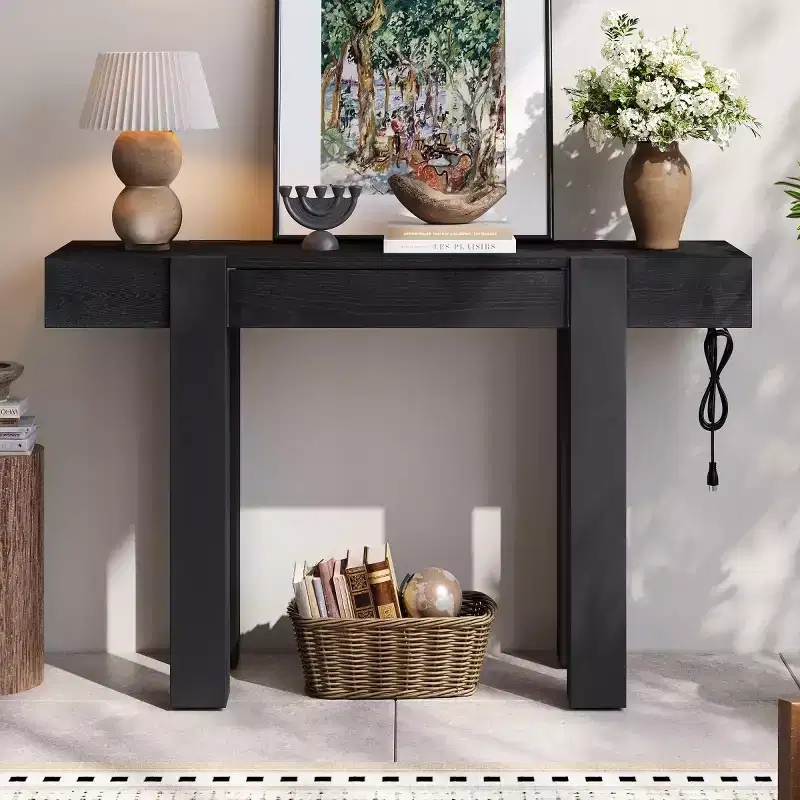 47 Console Table with Storage Drawers, Wood Veneer Behind the Couch Table, Narrow Entryway Table for Living Room or Home Office-Panipeachy