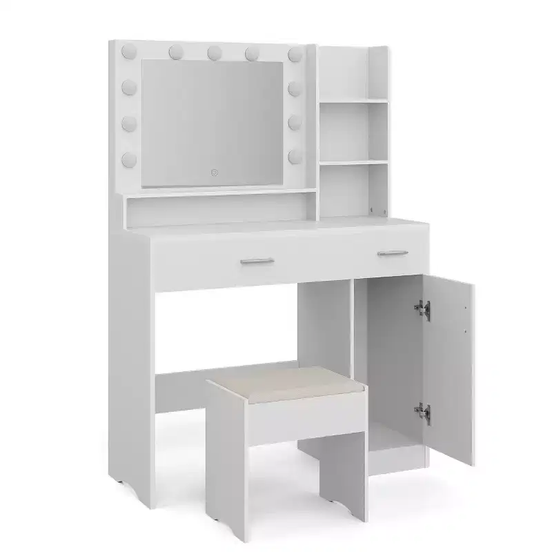 ALAULM Vanity desk w/3-Color LED Light, Mirror, Different Size Drawers&Stool, Modern style Makeup Vanity, for bedroom, White
