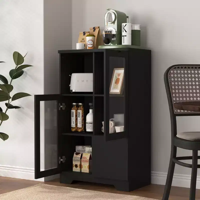 CLIHOME 2-Door Painted Storage Cabinet with Glass Doors and Drawer, Open Storage Space
