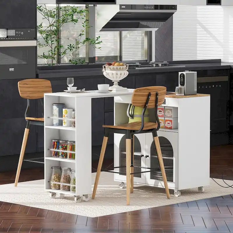 33 in. W Kitchen Island Rubberwood Top on 8 Wheels With Extended Table, LED Lights, Power Outlets