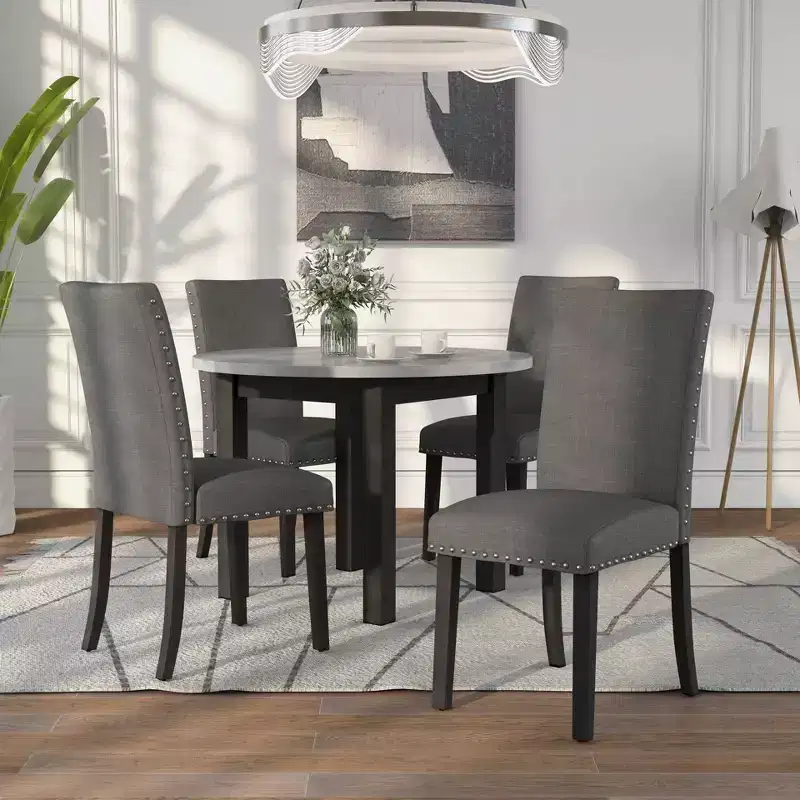 5pc Kellum Contemporary Round Dining Set: Faux Marble Top, Nailhead Trim Chairs - miBasics