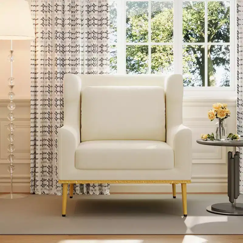 Modern Velvet Armchair with Pillow, Curved Silhouette, Iron Frame, High-Density Foam Seat, 330 lbs Capacity