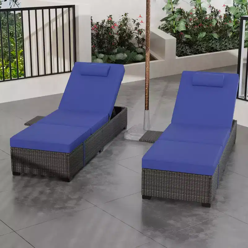 COZONY Patio Chaise Lounge Chair Set of 2, Outdoor Rattan Wicker Chaise Loungers with Adjustable Reclining and Cushions