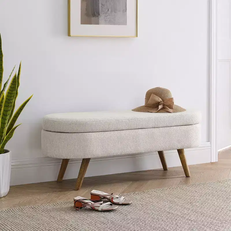 Oval Tufted Storage Bench with Rubberwood Legs