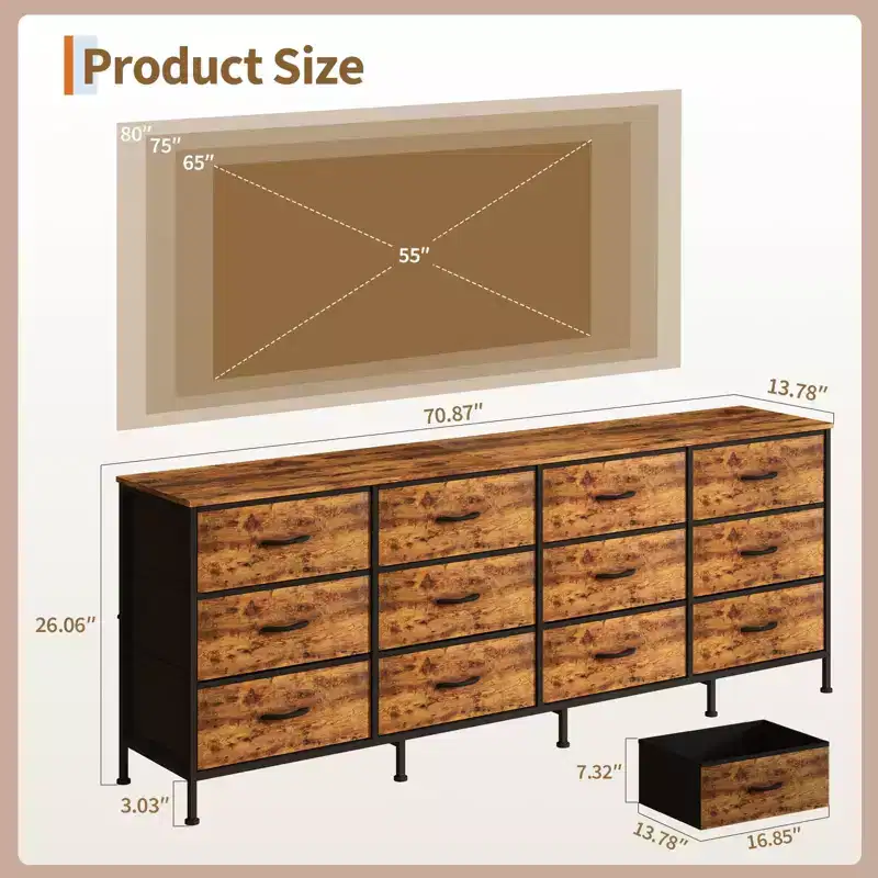 70 Inch TV Stands for Living Room, 12 Fabric Drawers, Charging Station, Long Entertainment Center Up to 80 Inch TV, w/ Storage for Bedroom, Entryway