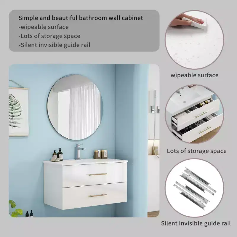 Bathroom Vanity Wall-Mounted with Sink, Double Drawers, Ceramic Sink, Long Metal Handle, Easy to Install
