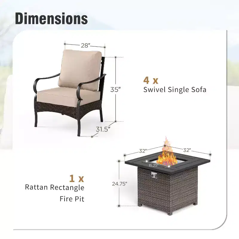 Captiva Designs 4pc Extra Large Metal and Rattan Outdoor Patio Fire Pit Set with Armchairs
