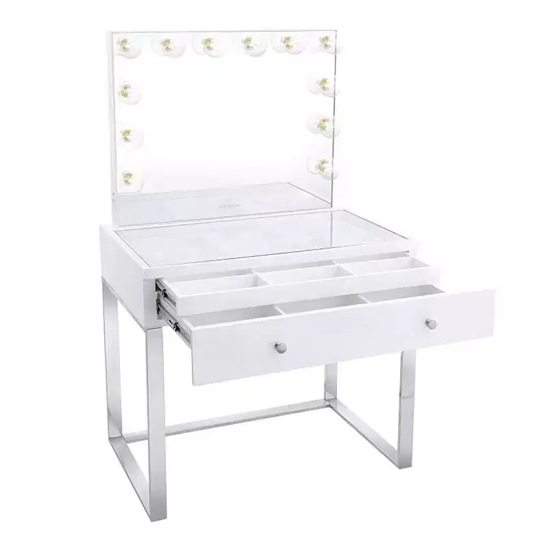 Makeup Vanity Table with Glass Top and Crystal Knobs