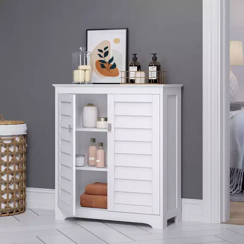 White Two-Door Floor Storage Cabinet with Adjustable Shelves
